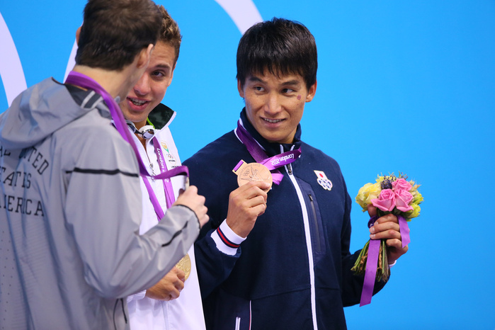 2012 London Olympics, Swimming, Men s 200m Butterfly, Podium Ceremony, Bronze Medal for Matsuda Takeshi Matsuda  JPN  JULY 31, 2012   Swimming : Men s 200m Butterfly Medal Ceremony Men s 200m Butterfly Medal Ceremony at Olympic Park   Aquatics Centre during the London 2012 Olympic Games in London, UK.  Photo by YUTAKA AFLO SPORT   1040 .
