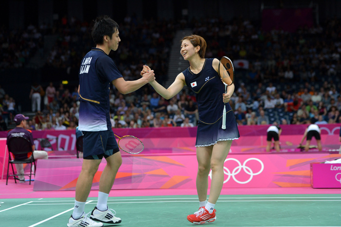 London 2012 Olympics Badminton Mixed Doubles Shintaro Ikeda   Reiko Shiota  JPN , Badminton : Mixed Doubles Group Play Stage JULY 31, 2012   Badminton : Mixed Doubles Group Play Stage at Wembley Arena during the London 2012 Olympic Games in London, UK.  Photo by Jun Tsukida AFLO SPORT   0003 .