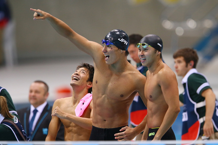 2012 London Olympics, Swimming, Men s 400m Medley Relay Final, Japan wins silver medal.  L to R  Ryosuke Irie  JPN , Takeshi Matsuda  JPN  Takeshi Matsuda  JPN , Kosuke Kitajima  JPN  Kosuke Kitajima  JPN , Kosuke Kitajima  JPN  AUGUST 4, 2012   Swimming :. Men s 4x100m Medley Relay Final at Olympic Park   Aquatics Centre during the London 2012 Olympic Games in London, UK.  Photo by YUTAKA AFLO SPORT   1040 .