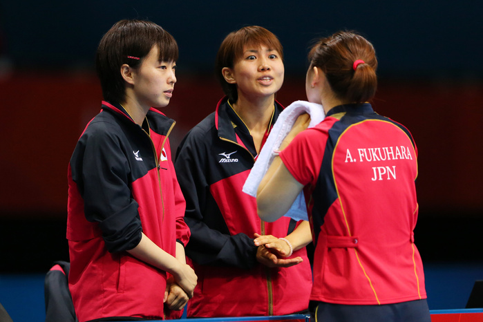 London 2012 Olympic Games Table Tennis Women s Team Quarterfinals  L to R  Kasumi Ishikawa, Sayaka Hirano, Ai Fukuhara  JPN , AUGUST 4, 2012   Table Tennis : Women s Team Match Quarter final at ExCeL  Photo by AFLO SPORT    Photo by AFLO SPORT   1045 .