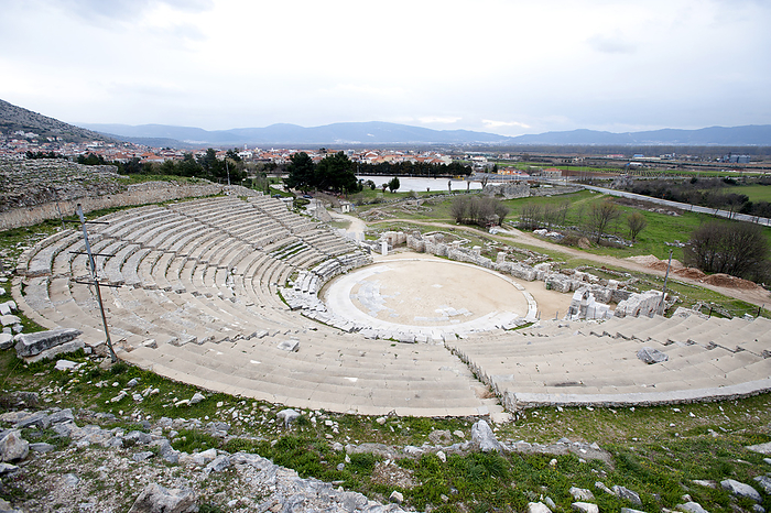 Amphitheatre in Philippi, Greece Amphitheatre in Philippi, Greece, dating from the Roman period. The ancient city of Philippi in the Edonis region of Greece was originally founded as Crenides in 360 BC. Philip II of Macedon conquered the city in 356 BC and renamed it Philippi. It was a Roman and then Byzantine city until it was abandoned after the Ottoman conquest in the 14th century. It was made a UNESCO World Heritage Site in 2016. Photographed in 2009.