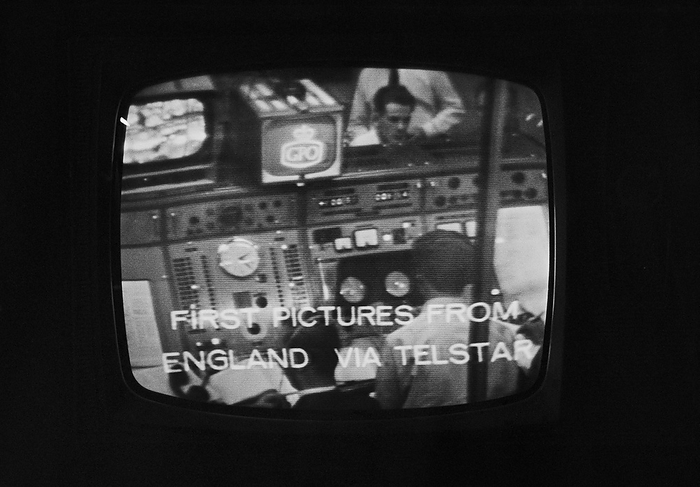 Telstar television satellite test picture, 1962 Telstar television satellite test picture, 1962. First television satellite pictures from the UK to the USA, transmitted by the newly launched Telstar 1 satellite. Telstar 1  launched 10 July 1962  was built and operated by the American Telephone and Telegraph  AT T  company. It provided direct television transmission and telephone communication between America, Europe, and Japan. With an orbital period of two and a half hours, Telstar 1 could only relay signals between two ground stations for about 30 to 40 minutes during each orbit, when both stations were in its line of sight. Photographed in Washing DC, USA, on 11 July 1962 by US photographer Thomas J. O Halloran.