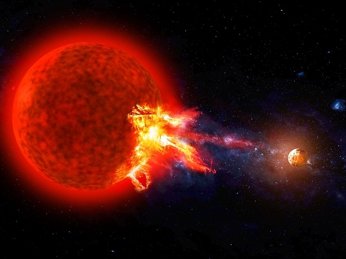 Red dwarf superflare, illustration Red dwarf superflare. Computer illustration of a superflare emitted from a red dwarf star  left  orbited by exoplanets. Red dwarf stars have masses and luminosities much less than that of the Sun.