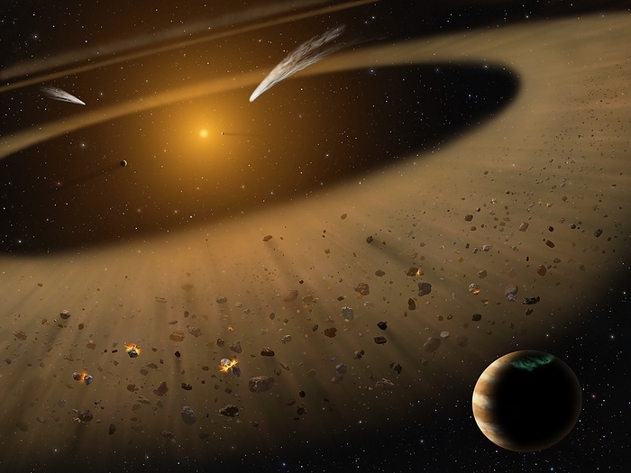 Epsilon Eridani system, illustration Epsilon Eridani system. Illustration showing the planet Epsilon Eridani b  bottom right , a Jupiter mass planet orbiting its parent star  upper left  at the outside edge of an asteroid belt. Two comets and colliding asteroids are also shown. In the background can be seen another belt plus an outermost belt similar in size to our solar system s Kuiper Belt. This stellar system is similar to the Sun s, although Epsilon Eridani is much younger than our Sun. SOFIA  Stratospheric Observatory for Infrared Astronomy  observations confirmed the existence of the asteroid belt adjacent to the orbit of the Jovian planet. This planetary system is around 10 light years from Earth in the constellation Eridanus. Epsilon Eridani b is thought to be orbiting close to the star s habitable zone, so its moons might be able to support life.