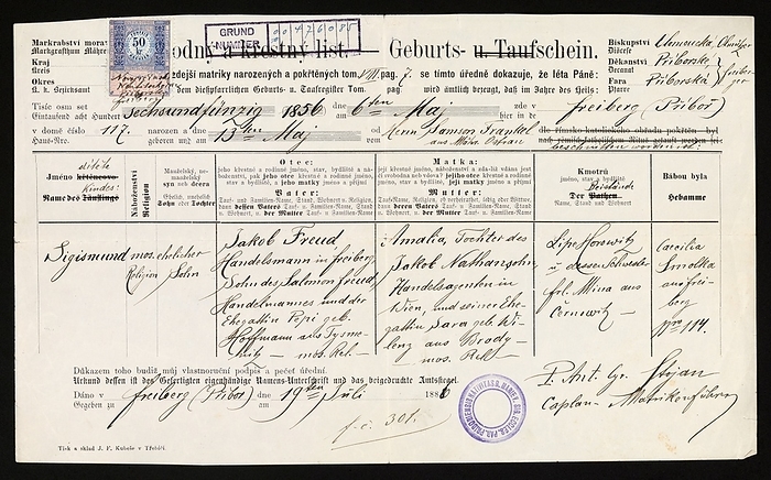 Sigmund Freud s birth certificate, 1856 Sigmund Freud s birth certificate, 1856. This document gives his birth name  Sigismund , birth date  6 May 1856  and religion  Jewish , and names his place of birth  Freiberg , his father  Jakob Freud  and his mother  Amalia Freud . Austrian psychologist Sigmund Freud  1856 1939  established the idea that mental disorders could have psychological as well as physiological causes. He theorised that the human mind contains both conscious and unconscious levels. Unpleasant memories are repressed and stored unconsciously, but they still affect the behaviour of a patient. Freud analysed dreams to study this unconscious level. His studies led him to believe that sexual impulses were responsible for irrational thoughts and behaviour  neuroses .