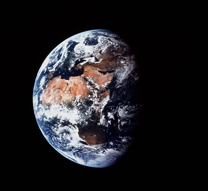 Apollo 11 image of the earth Apollo 11 image of the Earth showing Africa and the Saudi Arabian Peninsula. Apollo 11, with astronauts Neil Armstrong, Michael Collins and Edwin  Buzz   Aldrin aboard, was already 181,500 km away from Earth when this photo was taken. 