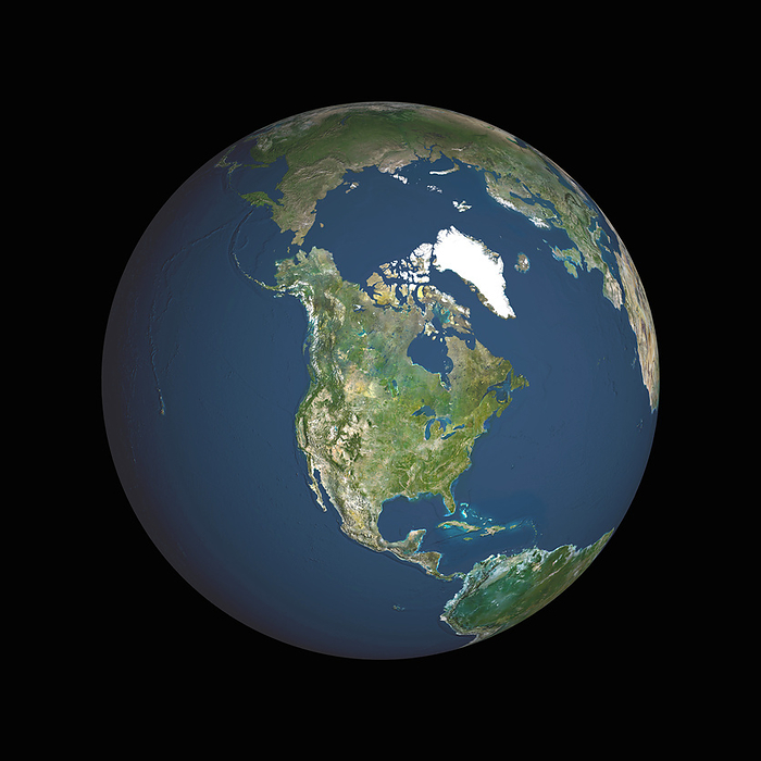 Earth Earth. Computer artwork, based on satellite data of the Earth from space. North Pole is at upper centre. Green shows vegetated areas. The image is centred on North America. In northern North America is the Hudson Bay. Further north and east are the Arctic Baffin and Ellesmere Islands and the Greenland ice cap  white area . To the south of Greenland is the Atlantic Ocean. In the south is South America. To the north of South America is the Caribbean and Central America and to the west the Pacific Ocean.