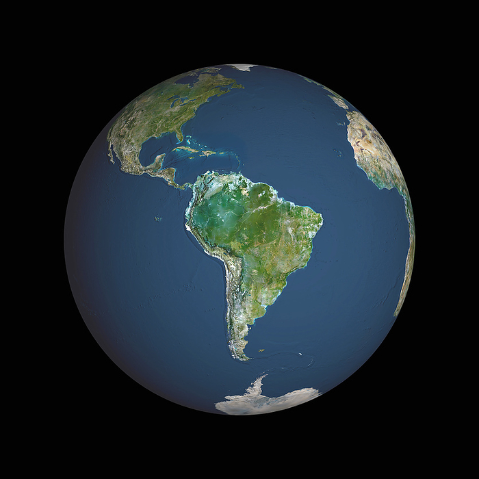 Earth Earth. Computer artwork, based on satellite data of the Earth from space. North is at top. Green shows vegetated areas. The image is centred on South America. The Andes mountain range runs the full length of the west coast of South America. In northern South America and to the east of the Andes is the Amazon rainforest. To the north of South America is the Caribbean, Central America and North America. To the east is the Atlantic ocean. South of the Atlantic Ocean is Antarctica. To the west of South America is the Pacific Ocean.