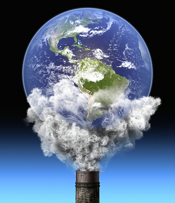 Global warming, conceptual image Global warming, conceptual image. Smoke rising from a factory chimney and surrounding the Earth. Carbon dioxide emissions from the burning of fossil fuels are one of the main contributors to lobal warming and climate change.