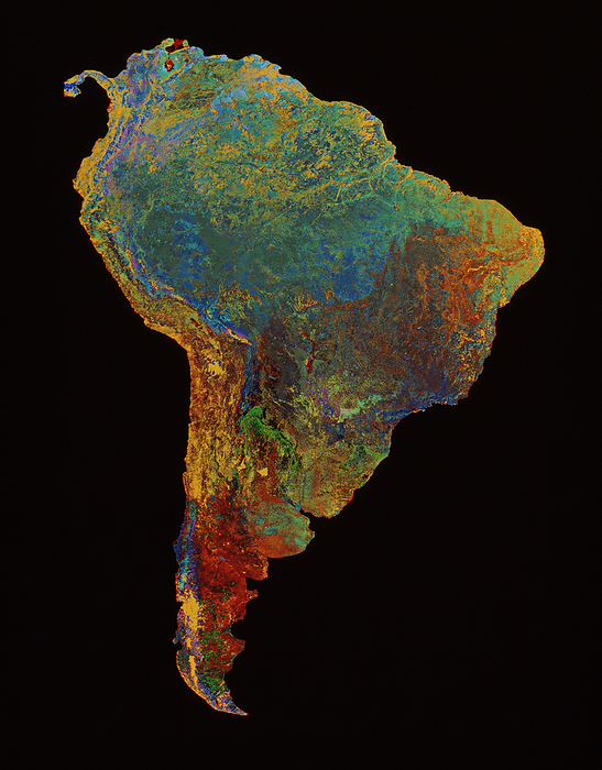 South America South America. False colour mosaic image of South America showing surface cover distribution. The colours represent different types of vegetation. Major features include dense rain forest  greens and blues, upper centre , mountain scrub and desert  yellows and browns, left side , and the famous semi desert pampas of Argentina  deep red, lower centre . The data for this image were gathered by NOAA weather satellites.