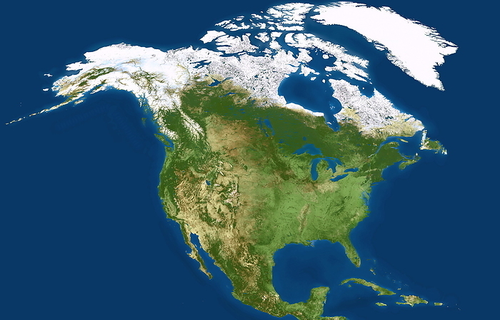 North America North America, coloured satellite image. North is at top. Vegetation is green, bare earth is brown, water is blue and snow and ice are white. The topography of the land is shown, with mountain ranges dominating the west coast of the continent. Northern Canada, Alaska and the island of Greenland  white, top  extend the Arctic conditions of the polar ice cap southwards. The northern parts of the Atlantic Ocean  right  and Pacific Ocean  left  lie either side of North America. Some of the Caribbean islands are also seen  bottom right .