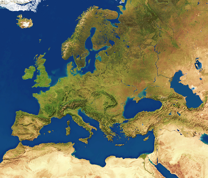 Europe Europe, satellite image. North is at top. Water is blue, vegetation is green, ice and snow are white, and arid land is light brown. Prominent features include the snow and ice in Iceland  upper left  and on the mountains of the Scandinavian Peninsula  upper centre . Other mountain ranges include the Alps  centre left . Arid land is seen in Spain  lower left  and Turkey  lower right , as well as desert in North Africa  across bottom . The Black Sea  centre right , the Caspian Sea  far right , and the Mediterranean Sea  lower centre , are major bodies of water. Vegetation ranges from dark green forests to light green grass and fields.