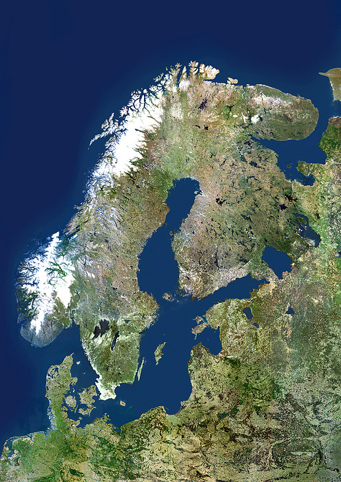 Scandinavia, satellite image Scandinavia, satellite image. North is at top. Scandinavia is the collective name given to the countries of Norway, Sweden and Denmark and occasionally to Iceland and Finland. Norway lies on the coast of the Norwegian Sea  top left . The white areas are the mountains of Norway Sweden is immediately to the south and east of Norway. Finland  centre  provides the land link between Sweden and Russia. Denmark is the large peninsular and island group to the south of Norway  bottom left . Scandinavia encircles the Baltic Sea.