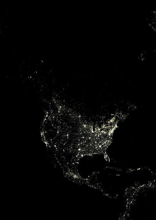 North America at night North America at night. Satellite image of city lights at night, centred on North America. Across top is the uninhabited dark of the Arctic region round the North Pole, with lights in Alaska  upper left  and Iceland  upper right . In North America, bright areas mark major cities such as: Montreal, New York, Boston, Philadelphia, Washington DC  north east , Atlanta  south east , San Francisco, Los Angeles  south west , Seattle, Vancouver  north west , Chicago, Minneapolis  north  and Houston, Dallas  south . Dark areas include the plains and mountains of central and western USA. At lower centre is Mexico City, with lights in the Caribbean and on the coast of South America  lower right . For this area in the day, see E070 561.