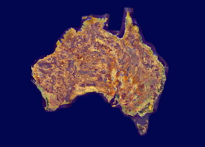 Australia Australia. Coloured optical and infrared, Landsat satellite image of the island continent of Australia. North is at top. The interior is mostly arid land or desert, with a complex geology shown in varying shades of brown and orange. Green areas along the coast show the presence of vegetation. The island of Tasmania is seen at lower right. The prominent Cape York Peninsula  upper right  lies to the right of the Gulf of Carpentaria. The continent covers an area of over 7.5 million square kilometres. This image has been constructed as a mosaic of over 1000 separate Landsat images, some showing details of coastal waters  purple .