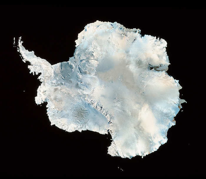 Infrared image of Antarctica Antarctica. Infrared satellite image of Antarc  tica, the continent at the Earth s south pole. The image is oriented with the Greenwich Meridian at top. In the infrared range snow is white, ice is white blue, and exposed rock is black. Antarctica is generally covered with plains of ice and snow, but the Transantarctic mountains appear at lower centre. Ice shelves project from much of the coastline, the largest being the Ross  to the left of the Transantarctic Mountains  and the Ronne  at upper left . Antarctica is the fifth largest of the world s continents. Image taken by a Advanced Very High Resolution Radiometer  AVHRR  sensor aboard a NOAA satellite.