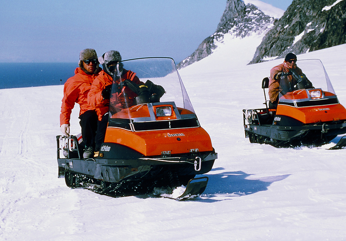 Antarctic skidoos Antarctic skidoos ridden by scientists. These Bombardier skidoos can travel at up to 60 kilometres per hour and tow a load of around two tonnes. This scientific field party is part of the British Antarctic Survey, a group that carries out scientific research in the Antarctic.