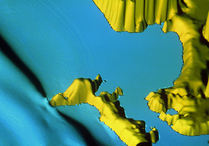 Computer simulation of a tsunami in Cadiz Bay Tsunami simulation. First of 3 three dimensional computer simulation images showing the giant sea wave  tsunami  in Cadiz Bay, Spain, 1 hour 6 minutes after its creation during an earthquake in 1755. Water is blue and land is yellow. The tsunami is shown as ripples on the flat surface of the sea. Tsunamis are about 0.5 metres  m  high in the open sea but may be 15 m high or more as they approach land. This computer model was designed as part of the international Genesis and Impact of Tsunamis on European Coasts  GITEC  project to assess the effects of a possible tsunami in the near future.  See photo s E275 007   E275 008 .