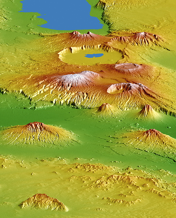 Rift Valley volcanoes, satellite image Rift Valley volcanoes, satellite radar image. This is the Crater Highlands area in Tanzania, viewed from an orbiting Space Shuttle, looking south west towards Lake Eyasi  top . The distance from top to bottom is 230 kilometres. Variation in elevation of the land is colour coded, from green  lowest  to yellow, red and white  highest . Ngorongoro Crater  upper centre  has a lake inside it. Below that is Mount Loolmalasin  3648 metres , the highest peak in the area. Ela Naibori Crater is right of Loolmalasin. Other mountains include Kitumbeine  lower left  and Gelai  lower right . Image data obtained by the Shuttle Radar Topography Mission  SRTM  aboard the Space Shuttle Endeavour, which launched on 11 February 2000.