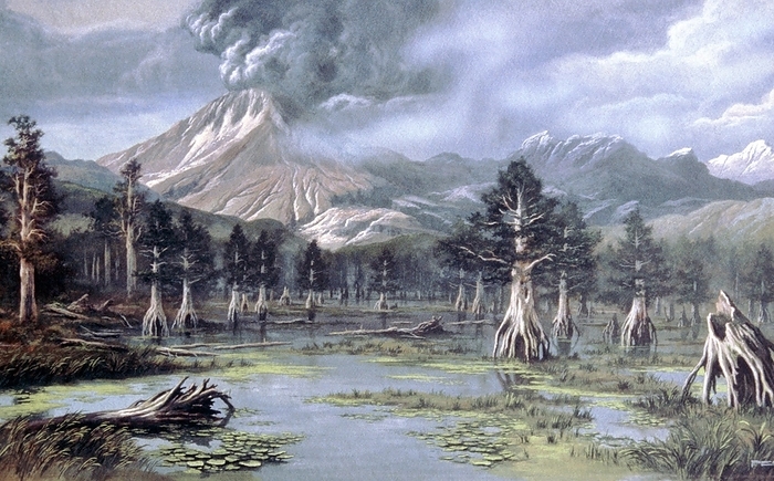 Artist s impression of Tertiary period landscape. Artist s impression of a Tertiary period landscape. This period extended from 65 to about 2 million years ago and is divided into five epochs: the Paleocene, Eocene, Oligocene, Miocene and Pliocene. Dinosaurs died out early on in the Tertiary and mammals progressed rapidly. Anthropoid apes appeared, and towards the end the present forms of the continents developed. There was considerable volcanic activity, and it is thought that the Himalayas  amongst other mountain ranges  originate from the Miocene epoch. Temperatures dropped signalling the beginning of the ice ages at the end of the Pliocene.