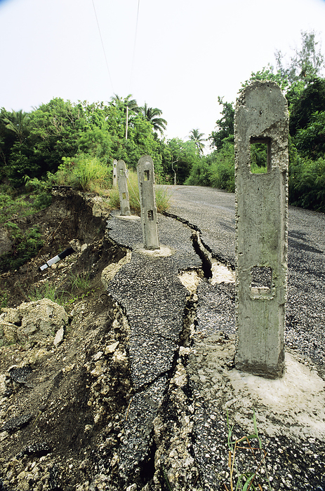 Erosion Erosion alongside a cracked tarmac road in the West Indies. Fast flowing surface waters remove large volumes of soil in the form of topsoil and subsoil. This limits the use of the eroded land and creates access problems. Water pollution arises from the deposition of soil in streams and rivers. Erosion also creastes susidence problems  seen here , threatening roads and other manmade structures. Photographed in Barbados.