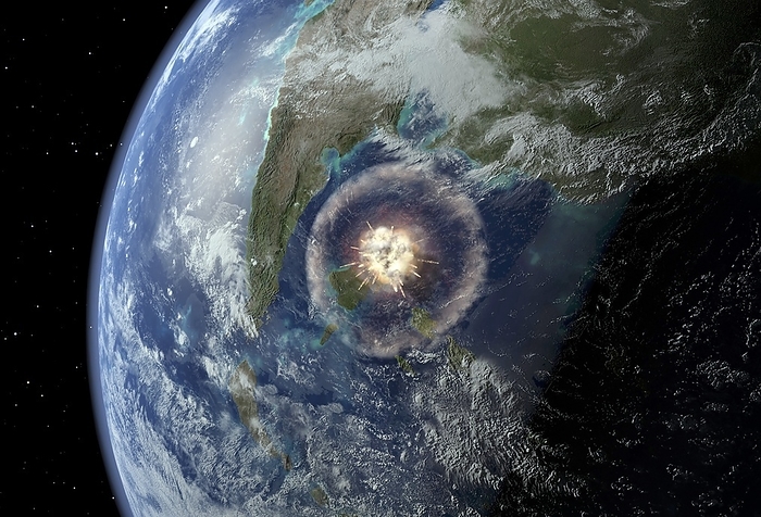 Cretaceous Tertiary Impact, artwork Cretaceous Tertiary Impact. Computer artwork of a large asteroid hitting Earth 65 million years ago. The impact formed the Chicxulub crater on Mexico s Yucatan Peninsula, which is around 200 kilometres wide. The catastrophic impact may have been a factor in the extinction of the dinosaurs.
