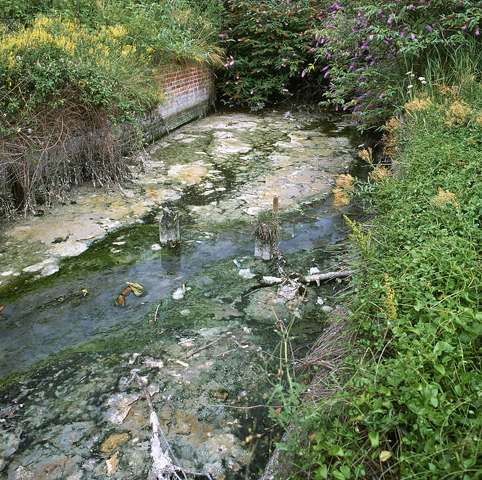 Polluted stream Polluted stream. Stream polluted with organic chemicals and litter. Photographed in Sittingbourne, Kent, UK.