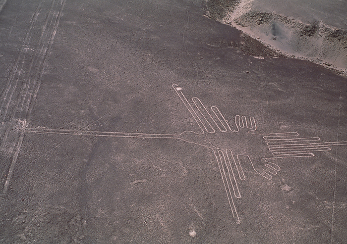 Nazca lines Nazca lines. Aerial photograph of a geoglyph, or landscape drawing, in the coastal desert of southern Peru. This geoglyph  white lines, lower right  represents a hummingbird. Its beak extends to centre left. Many of the geoglyphs take the form of stylised animals and other objects. They cover huge areas and can only be properly seen from the air. They were made by removing the dark surface stone to reveal a lighter stone layer underneath. They are thought to have been made by the Nazca, a native South American people, around 2000 years ago. Theories about the lines have ranged from uses in astronomy  for seasonal agriculture  to ceremonial uses in religion.