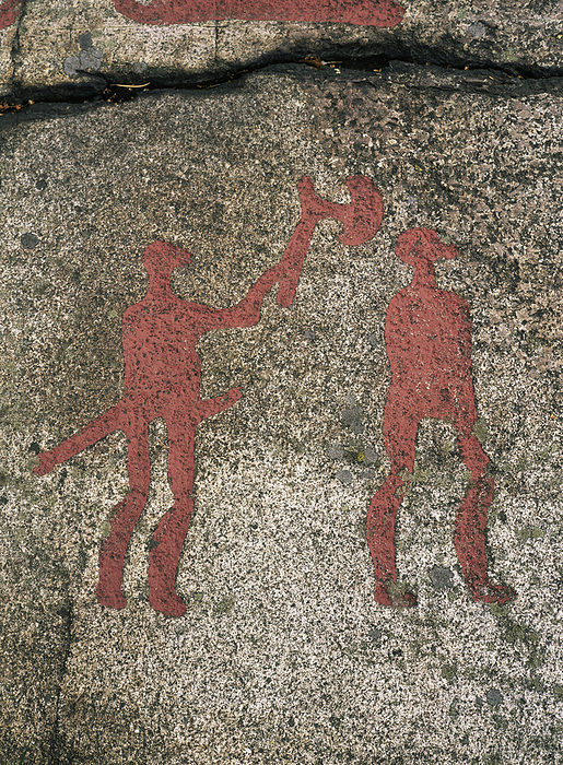Nordic Bronze Age petroglyph Nordic Bronze Age petroglyph. This petroglyph is part of the Vitlyckehall, a large flat rock containing many similar petroglyphs. This image depicts a a ritual dance. The surrounding area has been declared a World Heritage Site by UNESCO. Photographed in Tanumshede, Bohuslan, Vastra Gotaland, Sweden.