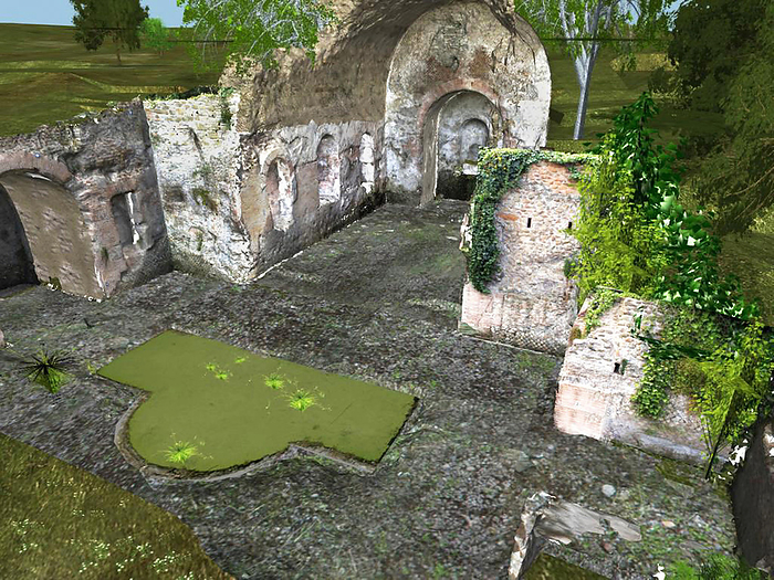 Roman temple, virtual reality display Roman temple, virtual reality display. 3D computer model of the ruins of the Nymphaeum of Egeria, in Caffarella Park, Rome, Italy. This structure dates to the 2nd century, and consists of a natural grotto that was decorated and dedicated to the water nymph Egaria. The area was landscaped, and a spring provided water for a lake. A statue of Egaria was placed in the alcove at the far end of the grotto. This computer model was created by the Laboratory for the Virtual Heritage of Rome.