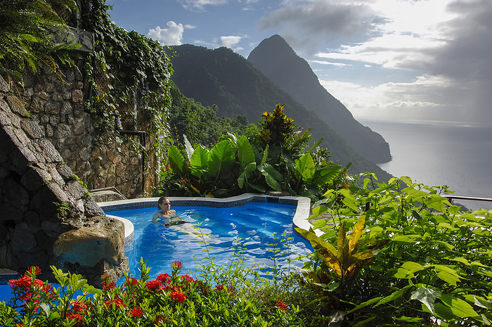 St.Lucia North America, West Indies, Lesser Antilles, Caribbean, St.Lucia, Pitons, Ladera Resort  pool MR. Photo by: Christian Heeb