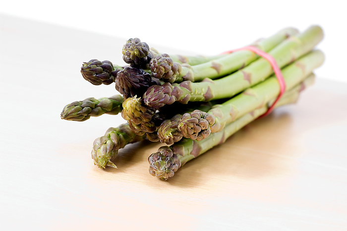 Asparagus Asparagus  Asparagus officinalis  spears tied up in a bundle. This seasonal vegetable is a good source of folic acid, beta carotene, potassium and the vitamins A, C and E.