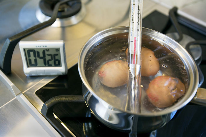 Egg timer and boiling eggs Egg timer and boiling eggs. A device for timing boiling eggs to ensure they are of the correct consistency, shown here in a saucepan with boiling eggs.