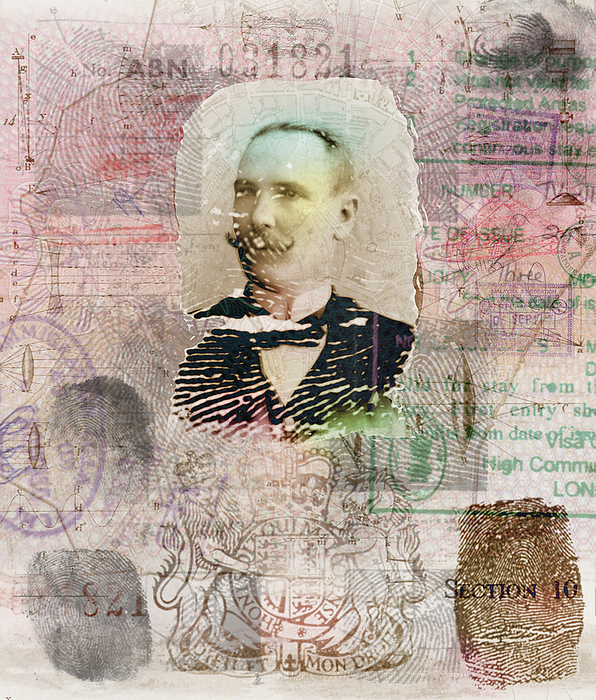 Human identification Human identification. Representation of a historical passport showing a collage of a portrait, with passport fingerprints, text, images and official stamps.