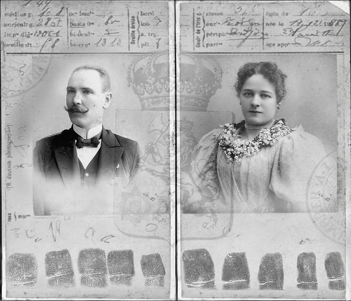 Human identification Human identification. Representations of the historical passports of a husband and wife. Their portraits are seen with a collage of passport fin  gerprints, handwritten text and official stamps.