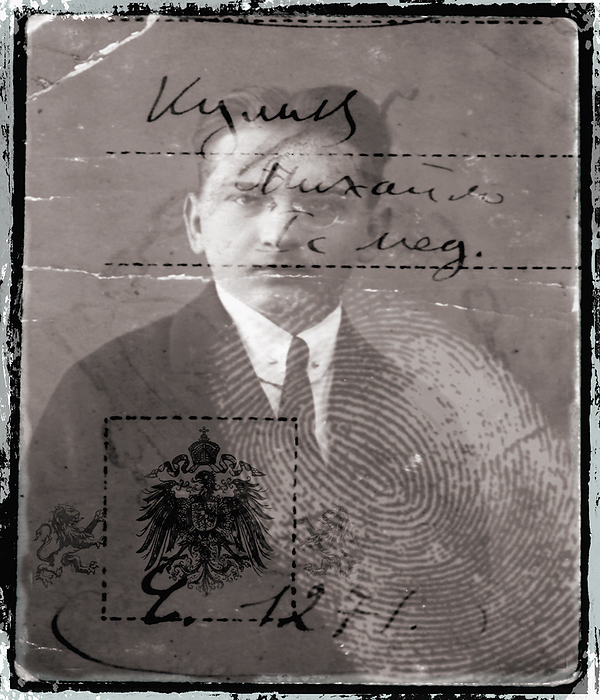 Human identification Human identification. Representation of a historical passport showing a collage of a portrait from the 1920s, with a passport fingerprint, writing and an official stamp.