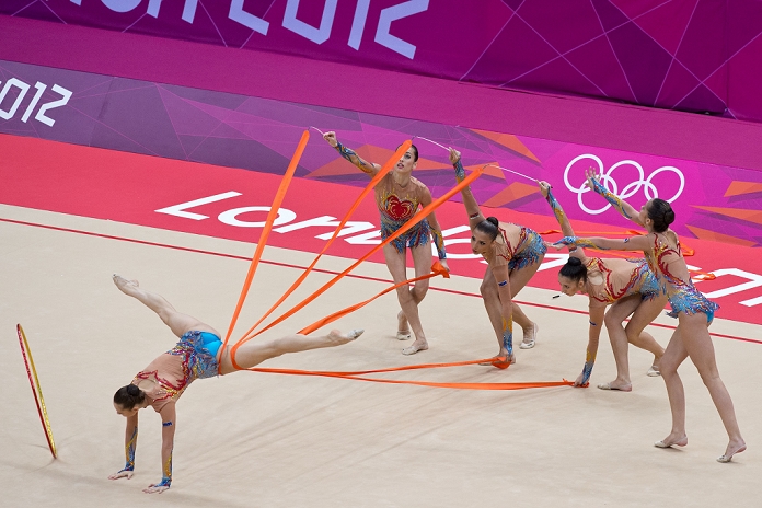 London 2012 Olympics Rhythmic Gymnastics Team All Around Qualifying Bulgaria team group  BUL ,  AUGUST 10, 2012   Gymnastics   Rhythmic :  Group All Around Qualification Rotation 2 at Wembley Arena during the London 2012 Olympic Games in London, UK.  Photo by Enrico Calderoni AFLO SPORT   0391 