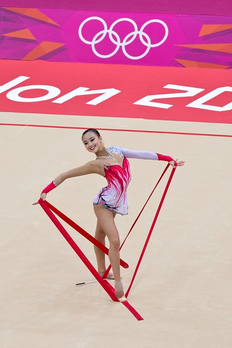 London 2012 Olympics Rhythmic Gymnastics Individual All Around Qualifying Yeon Jae Son  KOR , AUGUST 10, 2012   Rhythmic Gymnastics : Yeon Jae Son of South Korea performs with ribbon in the Individual All Around Qualification of the London 2012 Olympic Games in London, UK.  Photo by Enrico Calderoni AFLO SPORT   0391 .