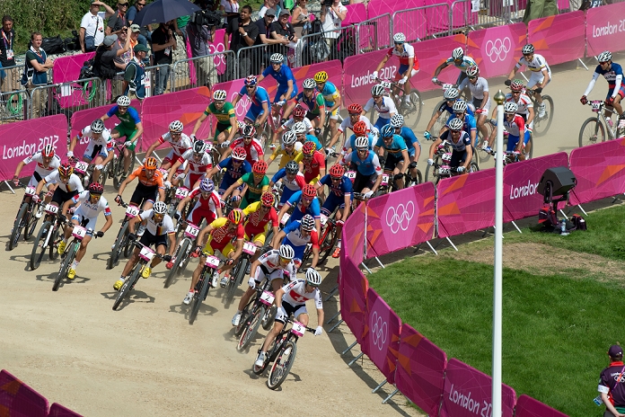 London 2012 Olympic Games Bicycle Men s MTB Cross Country General view,  AUGUST 12, 2012   Cycling Mountain Bike :  Men s Cross Country Mountain Bike at Hadleigh Farm during the London 2012 Olympic Games in Essex, UK.  Photo by Enrico Calderoni AFLO SPORT   0391 