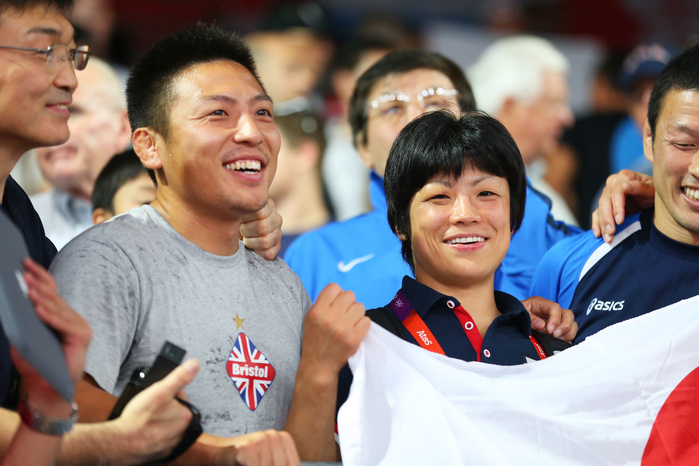 London 2012 Olympics Wrestling   Men s free class 66kg Mr. and Mrs. Obara cheering for Japanese athletes  L to R  Koji Obara, Hitomi Obara  JPN  AUGUST 12, 2012   Wrestling : at ExCeL at ExCeL during the London 2012 Olympic Games in London, UK.   Photo by AFLO SPORT   1045 .