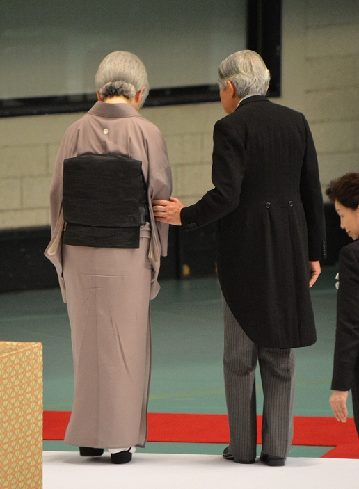The 67th  End of War Day National War Memorial Ceremony August 15, 2012, Tokyo, Japan   Japan s Emperor Akihito escorts Empress Michiko after offering their prayers to the war dead during a ceremony marking the 67th anniversary of the end of World War II at Tokyo s Budokan Martial Arts Hall on Wednesday, August 15, 2012. Natsuki Sakai AFLO  AYF mis 