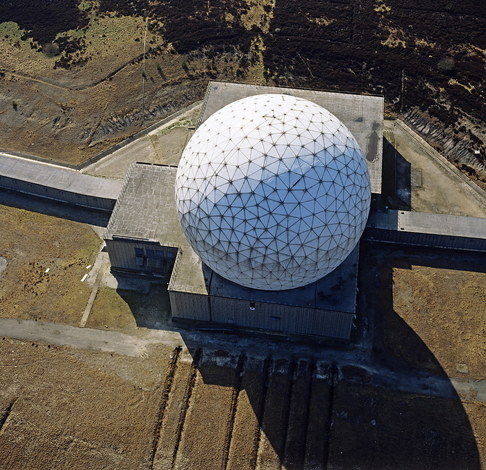 RAF Fylingdales BMEWS radome RAF Fylingdales radome. Aerial photograph of one of the radomes at RAF Fylingdales Ballistic Missile Early Warning Site  BMEWS . Photographed at Fylingdales Moor, North Yorkshire, UK, in 1993. The radomes were decommissoned between 1989 and 1992 and have been replaced with phased radar.