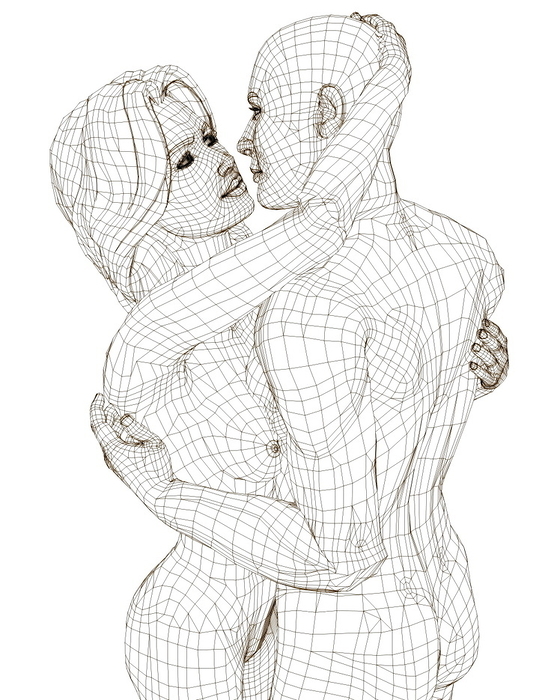 Love Love. Wire frame computer artwork of naked lovers about to kiss.
