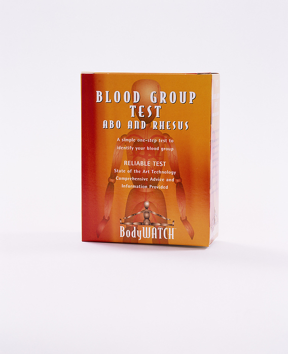 Blood group test Blood group test. Packet containing a blood group test to enable people to determine their blood group at home. Blood group  ABO  is determined by the presence or absence of certain inherited substances  antigens  on the surface of red blood cells. Blood of one group contains antibodies in the serum that react against the cells of other groups, causing agglutination  clumping of red blood cells . The Rhesus  Rh  gene also codes for an antigen on the surface of red blood cells. People are either Rh positive     if they have the antigen, or Rh negative     if they don t. If the incorrect blood group is used in a blood transfusion it can prove fatal.