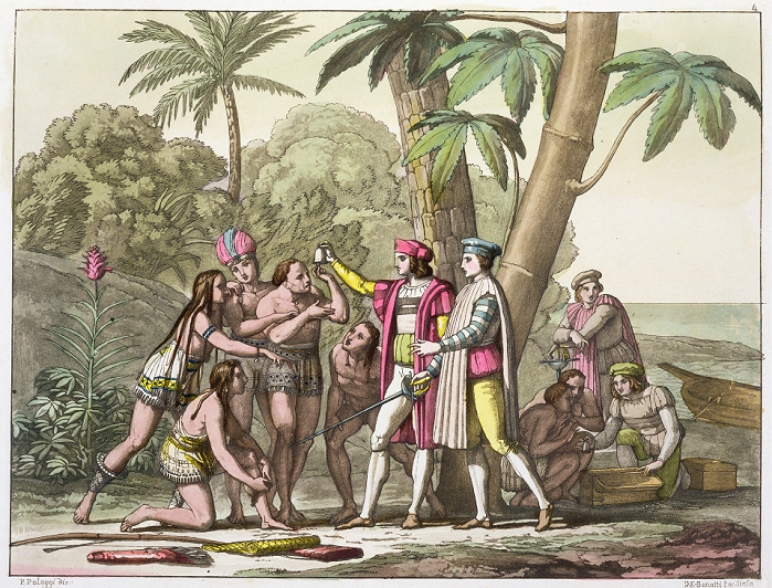 Christopher Columbus  1492 1503  Christopher Columbus with Native Americans, 1492 1503  c1820 1839 . Columbus  1451 1506  made four voyages to the New World between 1492 and 1504, exploring the Caribbean and the coasts of Central and South America. He claimed the territiories he discovered for Spain. Plate 4 from Le Costume Ancien et Moderne, Volume I, by Jules Ferrario.   