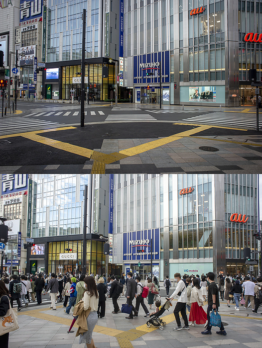 Tokyo under the Coronavirus: First Versus Third Lockdown A pedestrian crossing at Tokyo s popular Shinjuku entertainment and shopping area on the first Sundays during the first state of emergency on April 5, 2020  top  and the third one on April 25, 2021. 2020  top  and the third one on April 25, 2021.  Although the area is a lot quieter than before the pandemic, the third state of emergency is clearly not taken as seriously as the first one.  On April 23, Japan proclaimed its third state of emergency for Tokyo and three other prefectures to counter a renewed coronavirus surge.  Photo by Kjeld Duits AFLO