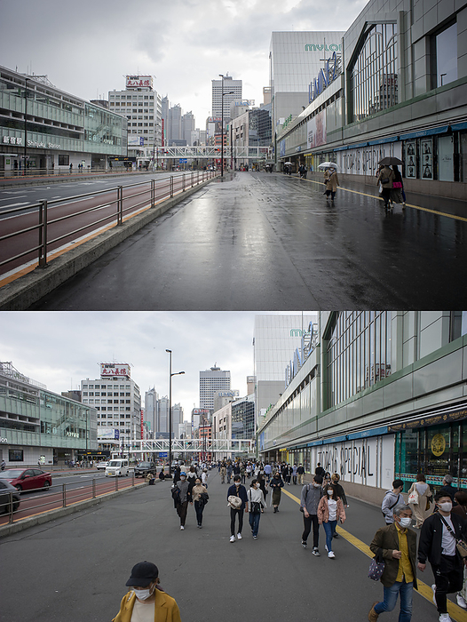 Tokyo under the Coronavirus: First Versus Third Lockdown Shinjuku Station at Tokyo   popular Shinjuku entertainment and shopping area on the first Sundays during the first state of emergency on April 5, 2020   top  and the third one on April 25, 2021.  Although the area is a lot quieter than before the pandemic, the third state of emergency is clearly not taken as seriously as the first one.  On April 23, Japan proclaimed its third state of emergency for Tokyo and three other prefectures to counter a renewed coronavirus surge.  Photo by Kjeld Duits AFLO