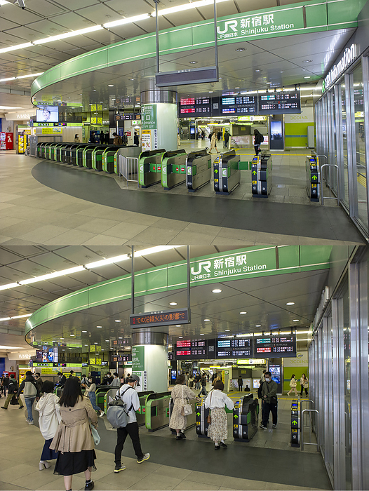 Tokyo under the Coronavirus: First Versus Third Lockdown Shinjuku Station at Tokyo   popular Shinjuku entertainment and shopping area on the first Sundays during the first state of emergency on April 5, 2020  top  and the third one on April 25, 2021  bottom . top  and the third one on April 25, 2021.  Although the area is a lot quieter than before the pandemic, the third state of emergency is clearly not taken as seriously as the first one.  On April 23, Japan proclaimed its third state of emergency for Tokyo and three other prefectures to counter a renewed coronavirus surge.  Photo by Kjeld Duits AFLO