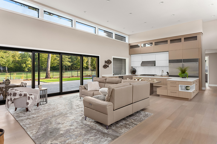 Living room and kitchen in new contemporary style luxury home