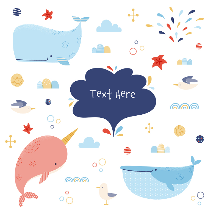 Set of design materials for summer, including whales and seagulls